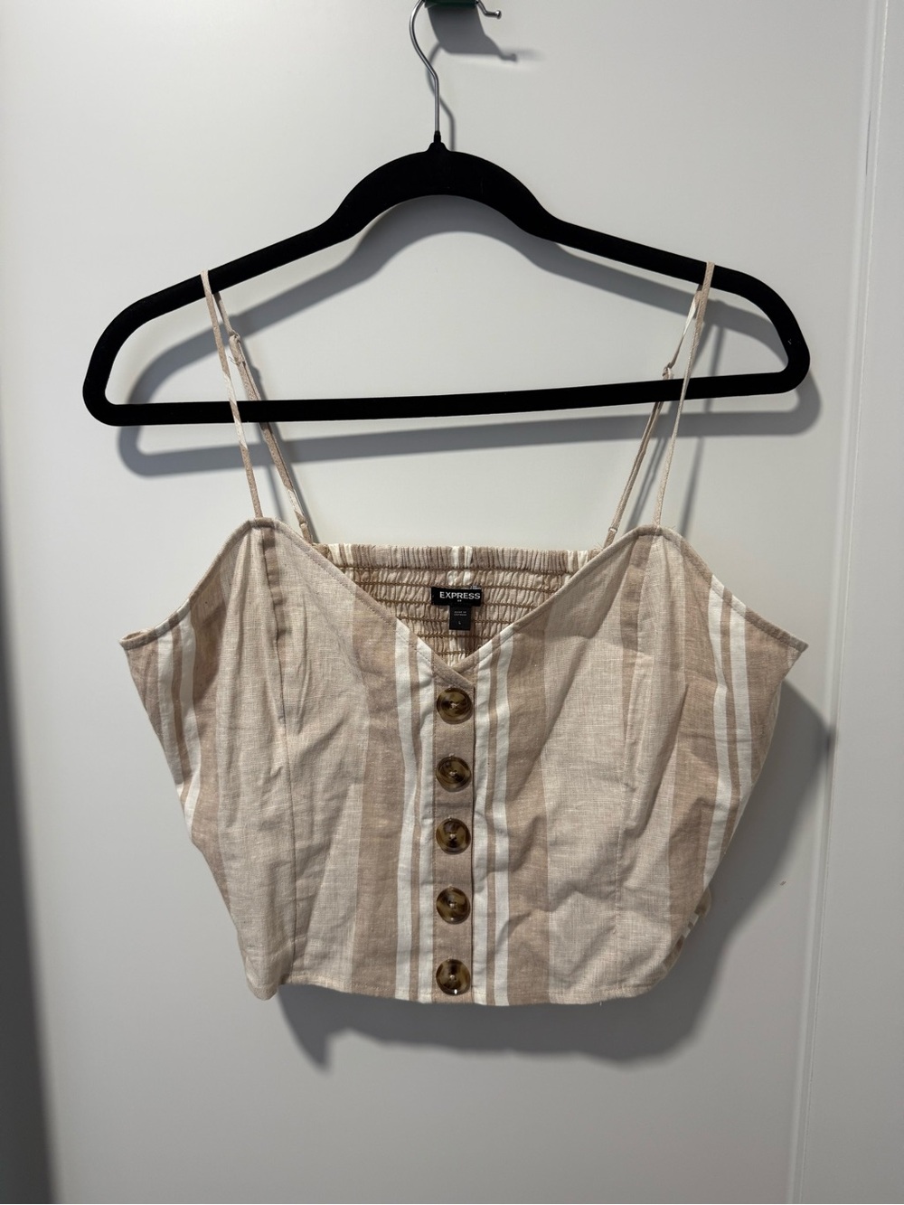 Express Beige and White Striped Button-Front Cropped Cami